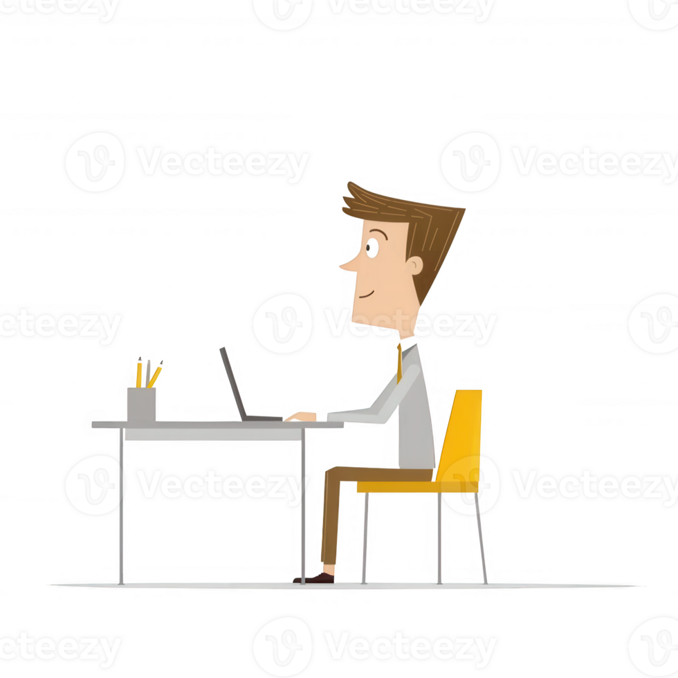 A cheerful young man working on a laptop at a desk, surrounded by office supplies, smiling and engaged in his tasks. Ideal for illustrating modern work environments. png