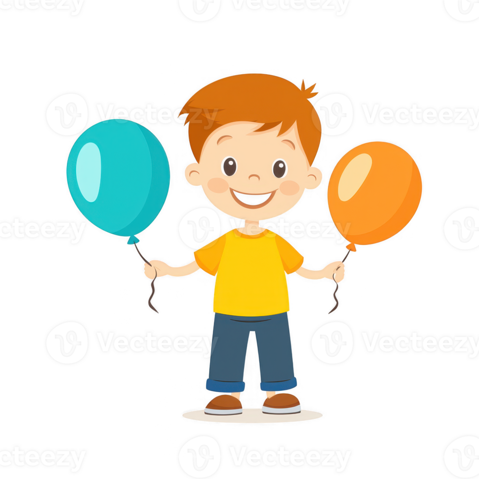 A cheerful young boy holding colorful balloons, smiling brightly. The illustration captures the essence of joy and celebration, perfect for children's themes and party decorations. png
