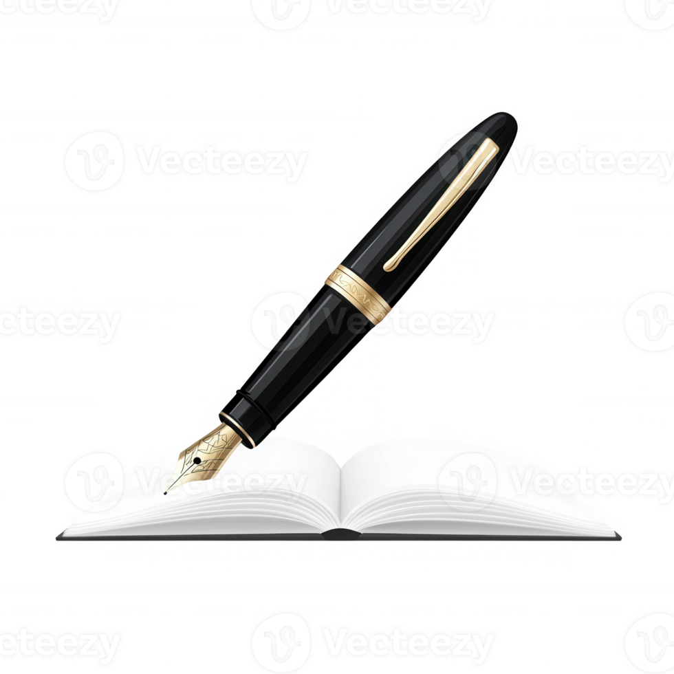 A classic fountain pen elegantly poised above an open book, creating a perfect symbol of writing and storytelling against a crisp white background. png