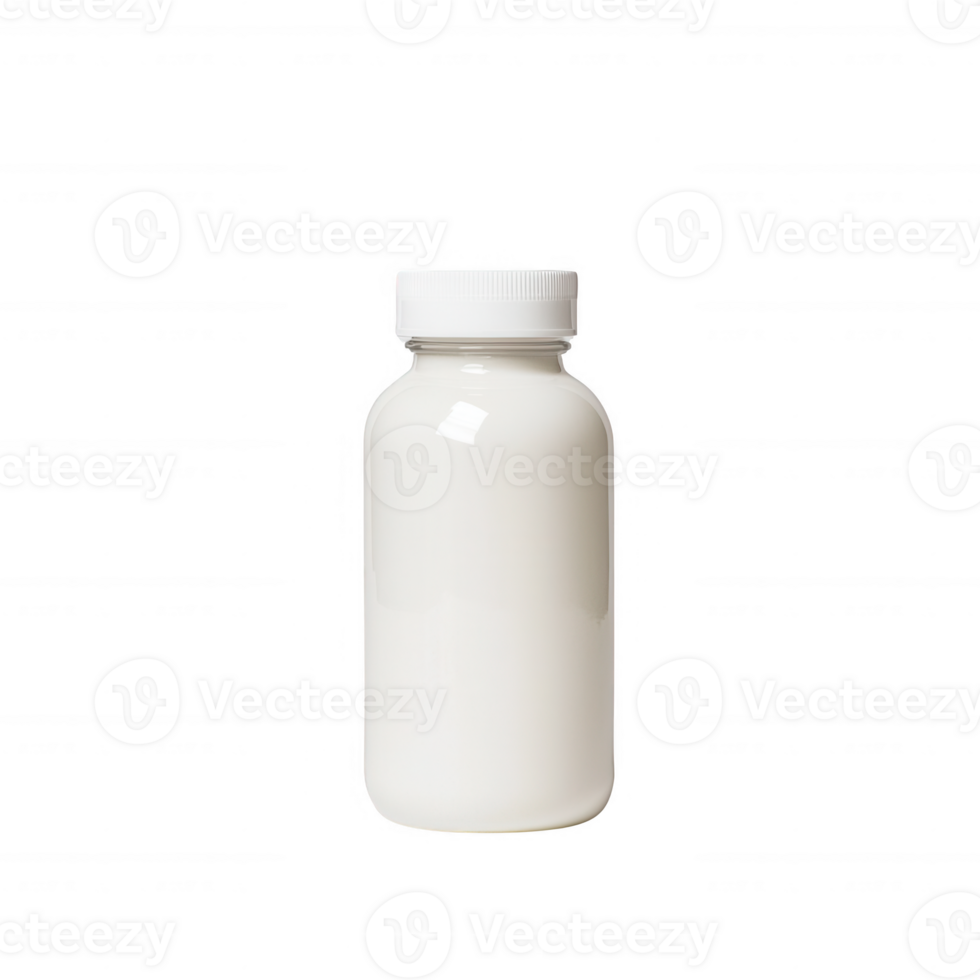 A clear glass bottle containing white liquid, ideal for showcasing beverages or ingredients, set against a white isolated background. png