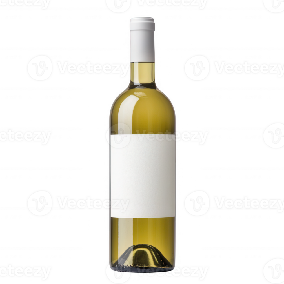 A clear bottle of white wine with a blank label, set against a smooth white background, ideal for minimalist designs and beverages promotion. png