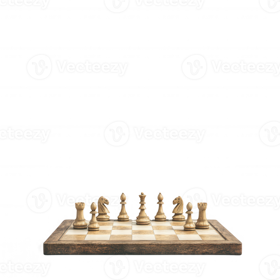 A classic wooden chess set positioned on a table, showcasing polished pieces in mid-game. Perfect for strategy lovers and game enthusiasts. png