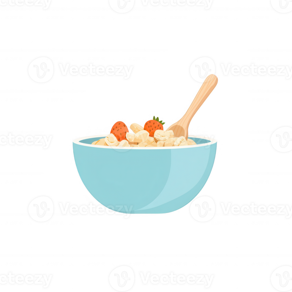 A colorful bowl of oatmeal topped with fresh fruits and a wooden spoon, isolated on a white background, perfect for breakfast time or healthy meal concepts. png