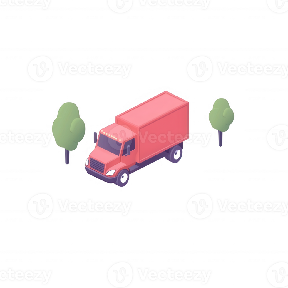 A colorful delivery truck parked near two stylized trees, featuring a modern design and isolated on a white background for easy use in various graphic projects. png
