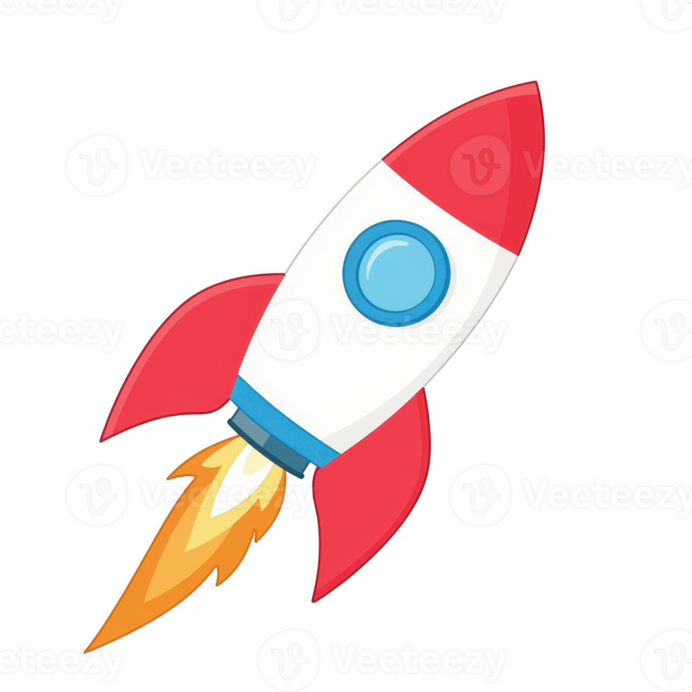 A colorful cartoon rocket ship taking off with a bright flame, perfect for imaginative projects or children's content, isolated on a white background. png