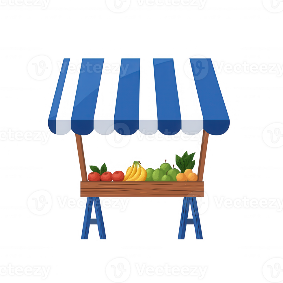 A colorful fruit stall with fresh produce, featuring a variety of fruits like bananas, tomatoes, and oranges. The stall is designed with a blue and white striped canopy. png