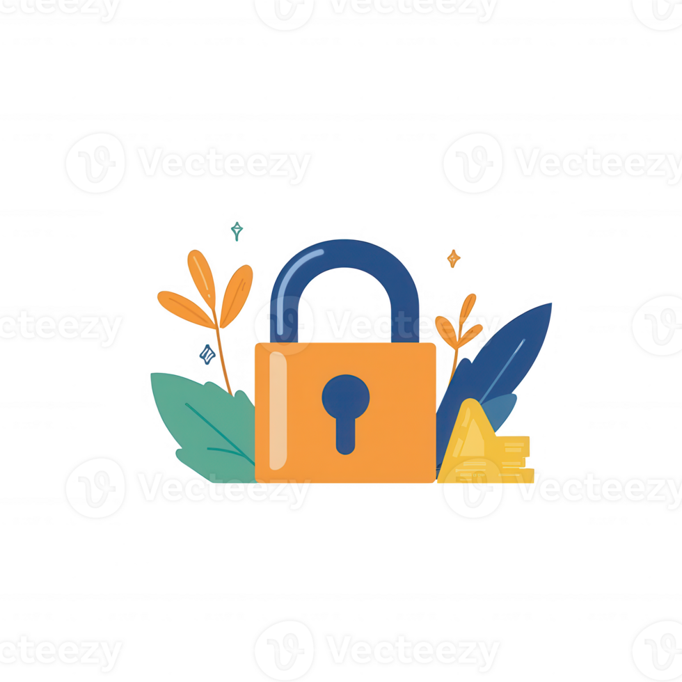 A colorful graphic featuring a padlock surrounded by vibrant leaves and shapes, symbolizing security and protection in a modern design style. png