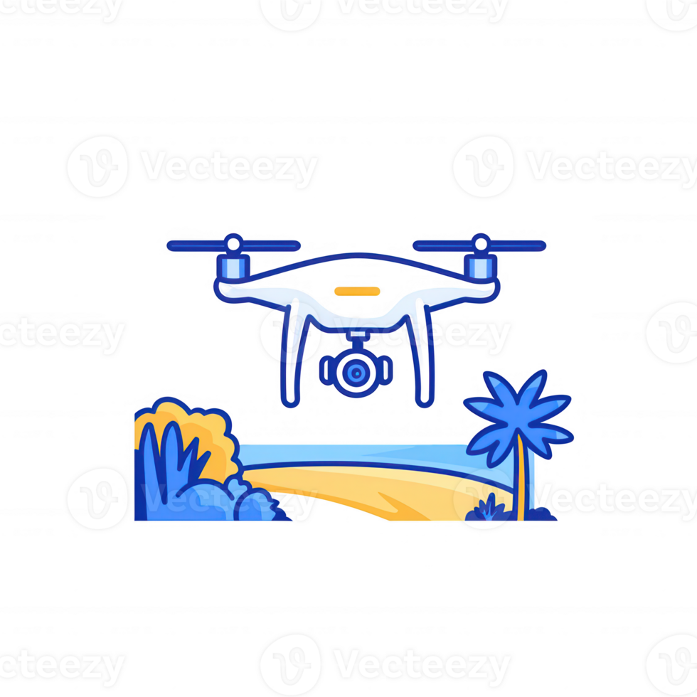 A colorful illustration of a drone flying over a scenic landscape with trees and hills, capturing stunning aerial views of nature. png