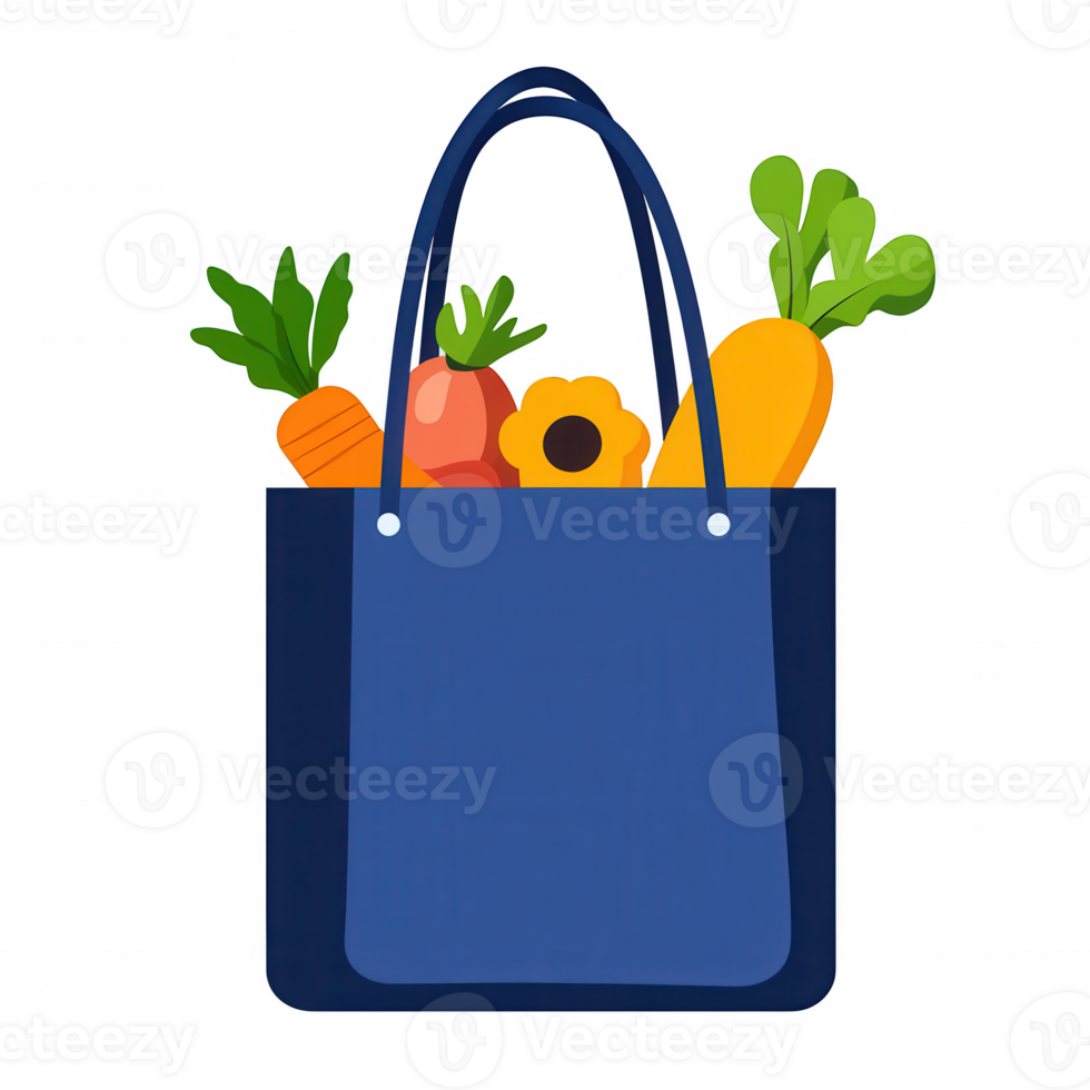 A colorful reusable shopping bag filled with fresh vegetables and fruits, featuring a vibrant carrot, green leaves, and a bright flower. Perfect for eco-friendly shopping. png