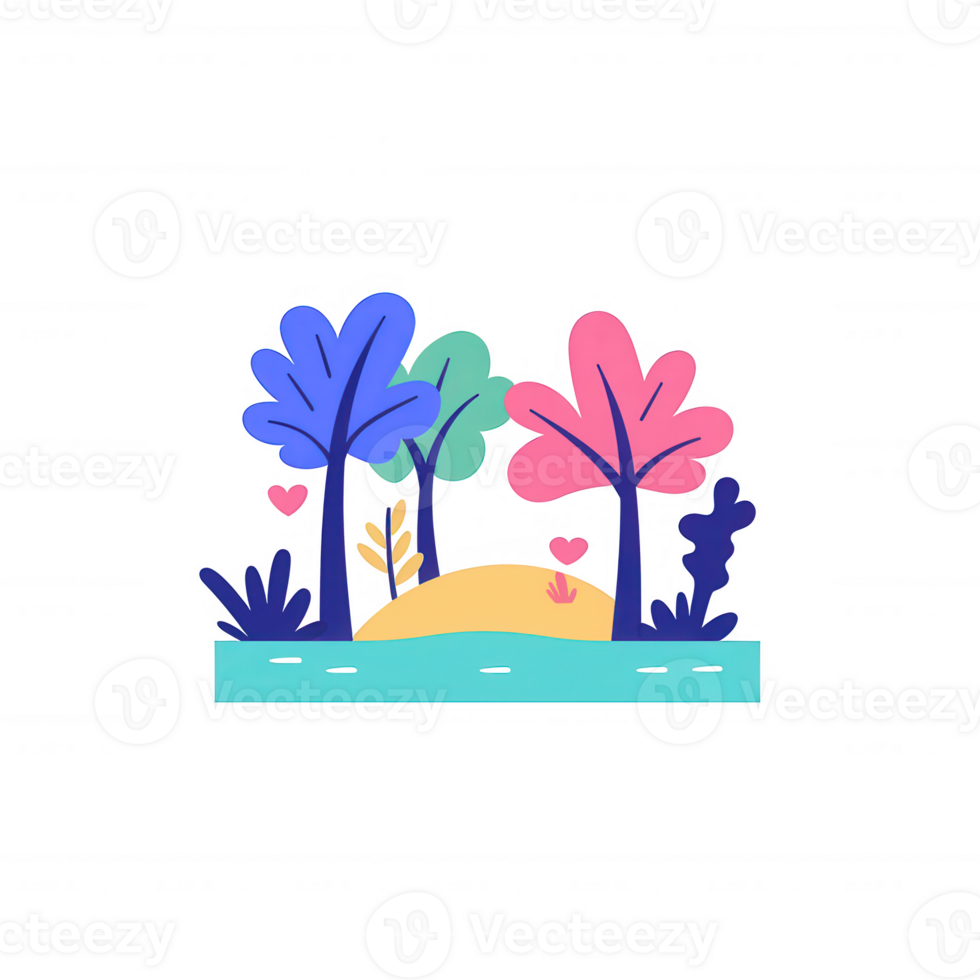 A colorful, whimsical illustration of trees and foliage surrounding a gentle hill, perfect for nature-themed projects and designs. png