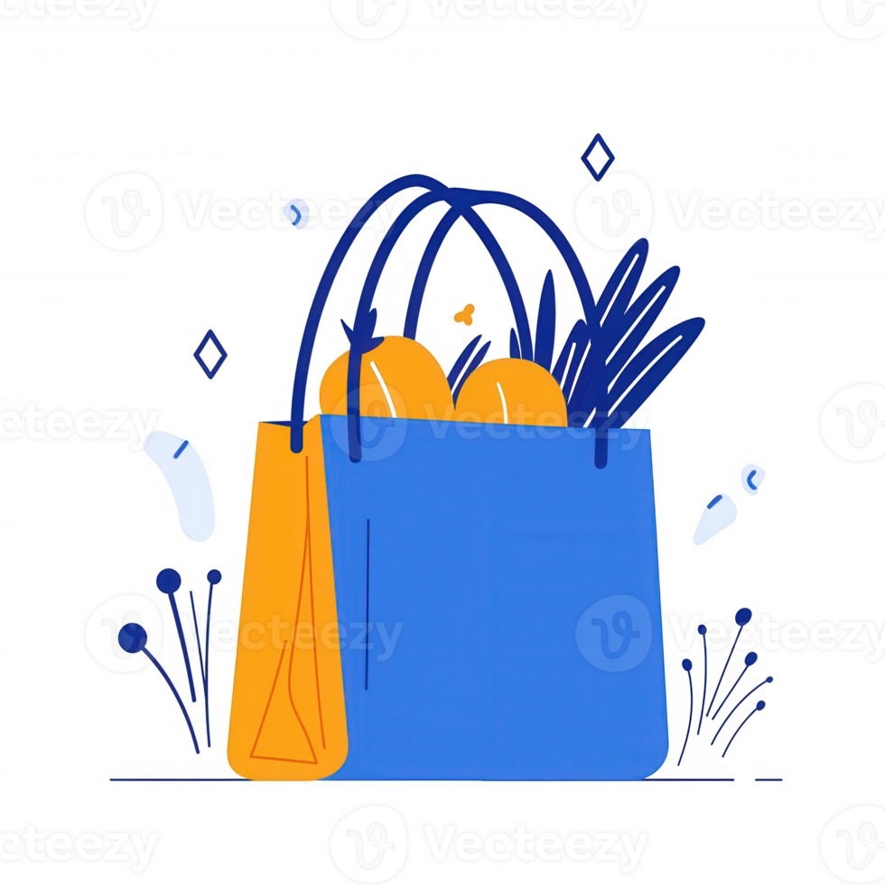 A colorful reusable shopping bag filled with fresh produce, surrounded by whimsical elements, on a white isolate background. png