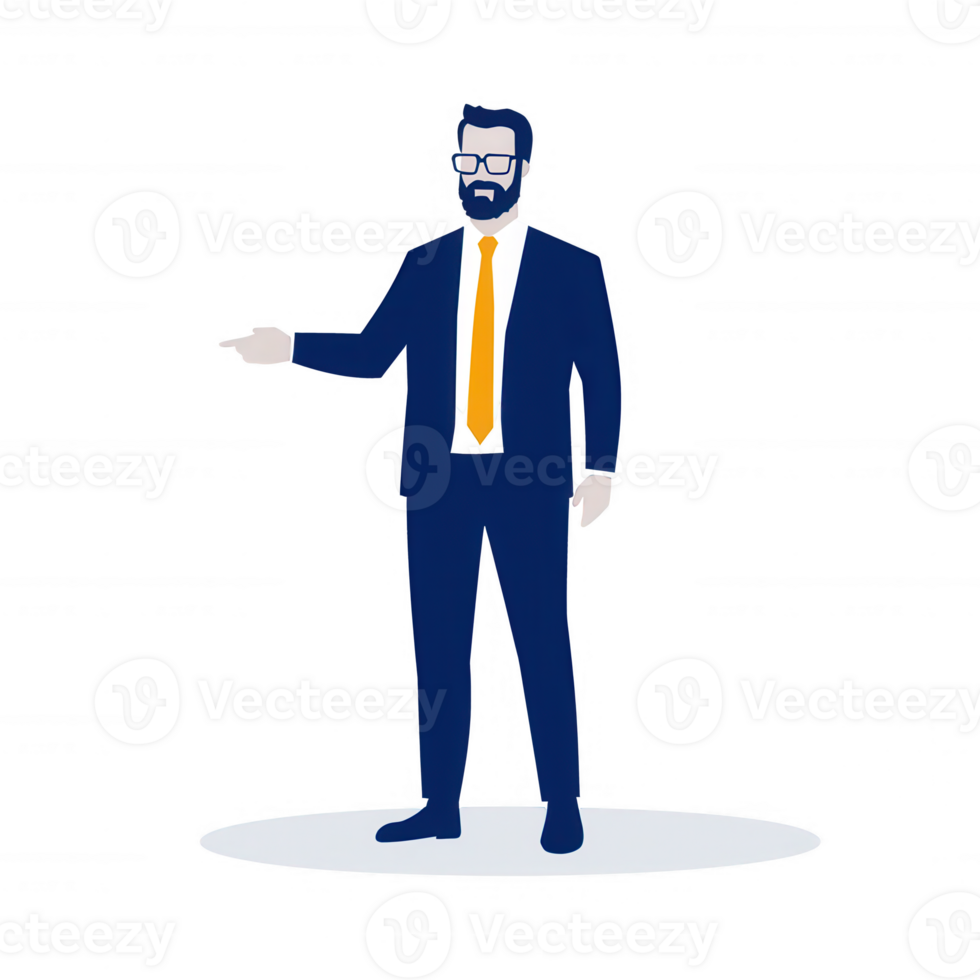 A confident businessman in a suit, presenting an idea with enthusiasm. He has glasses and a stylish beard, capturing a professional essence in a vibrant office setting. png