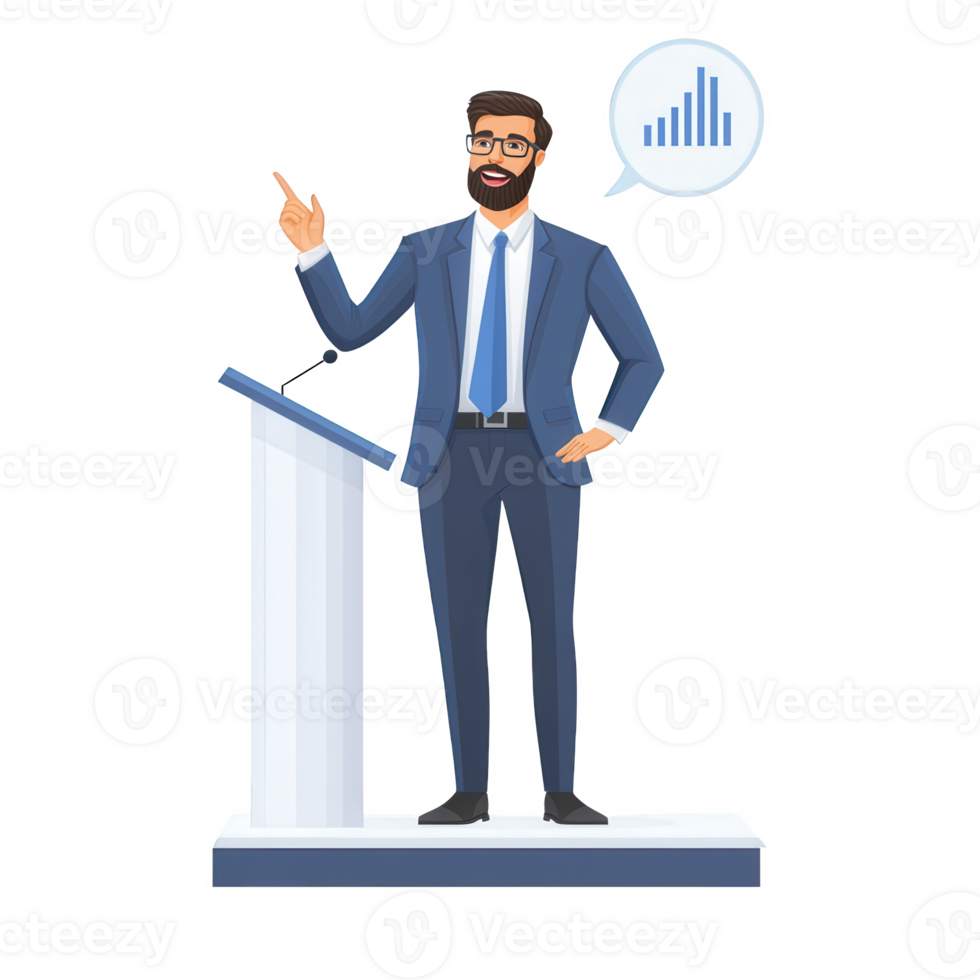 A confident speaker standing at a podium, gesturing while presenting a graph as a visual aid. Dressed in a suit, he engages the audience with effective communication. png