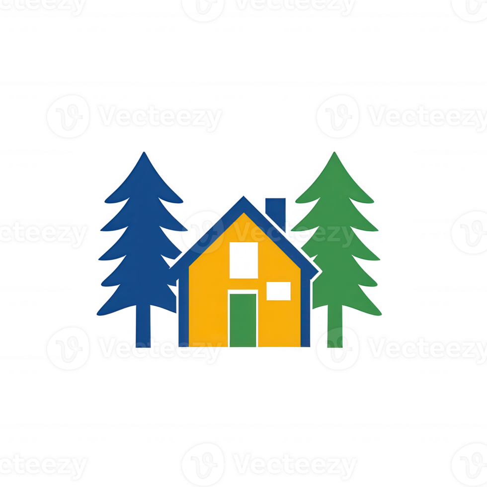 A colorful, illustrated house surrounded by tall trees, showcasing a harmonious blend of nature and home. Perfect for eco-friendly living, outdoor themes, or architecture designs. png