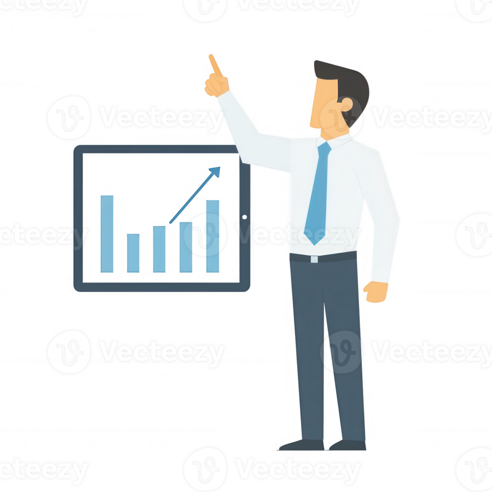 A confident businessman presenting a positive growth chart, symbolizing success and achievement in a professional setting. png