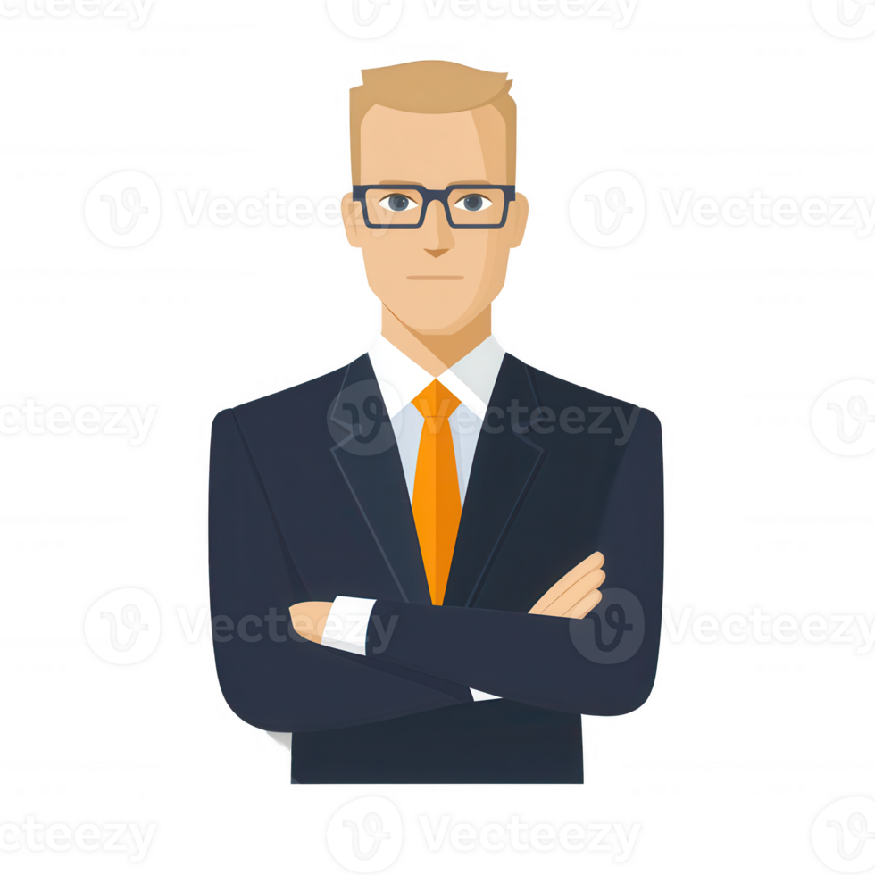 A confident business professional with glasses, wearing a suit and orange tie. Standing with arms crossed, showcasing a determined attitude. Suitable for corporate themes. png