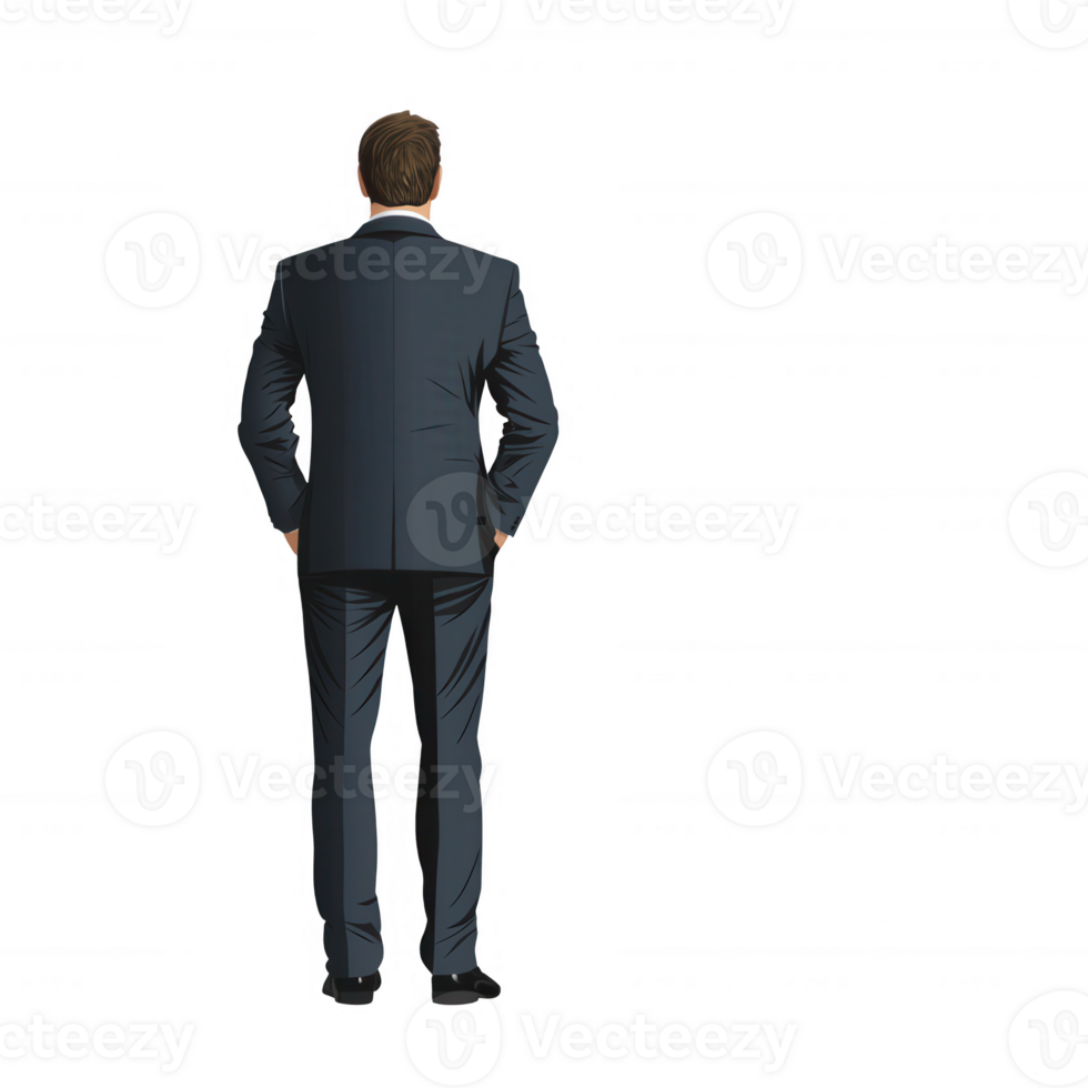 A confident businessman in a suit stands with his back facing the viewer, symbolizing leadership and decision-making png
