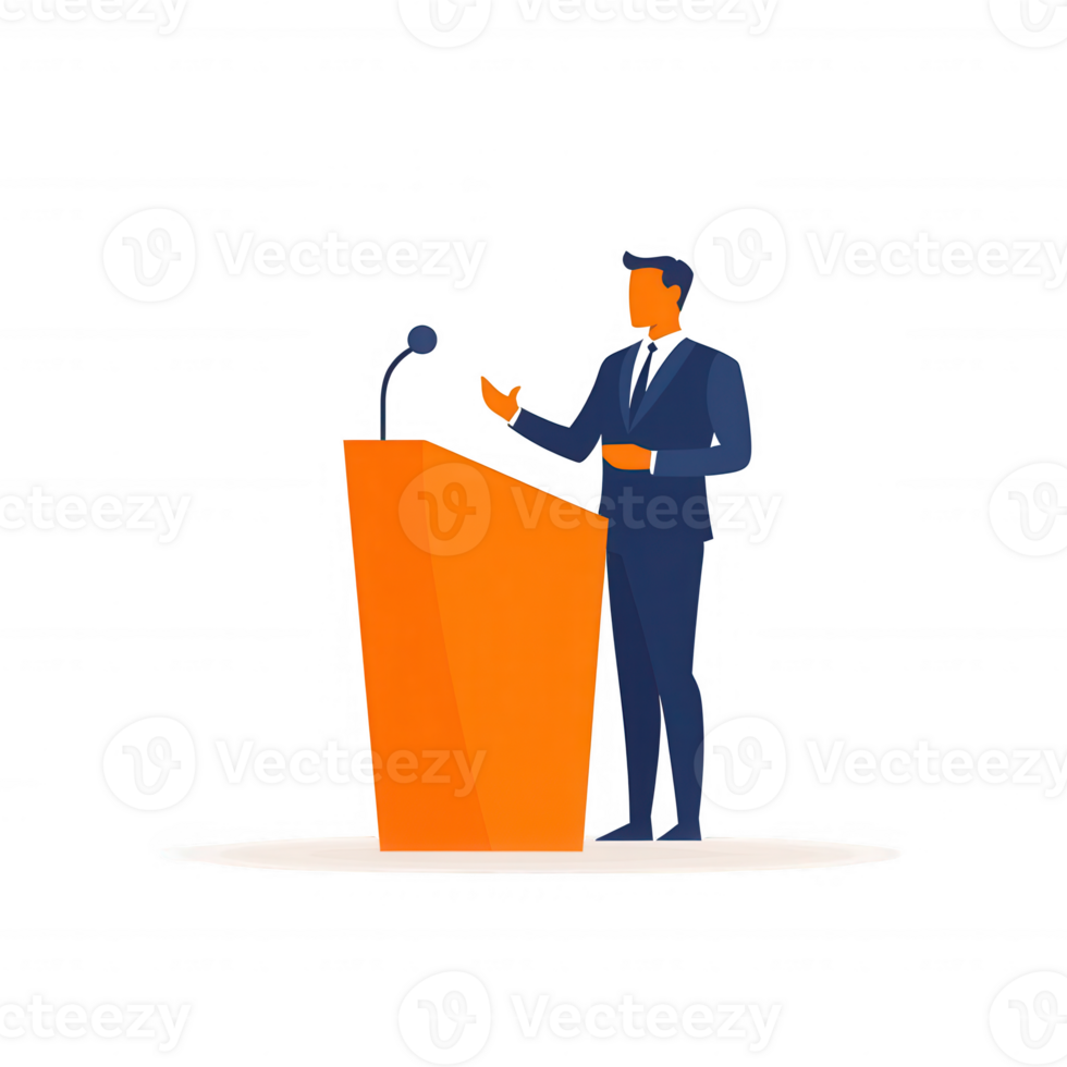 A confident businessman stands behind a podium, delivering a speech. The scene is depicted with a modern, minimalist design, showcasing professional communication. png