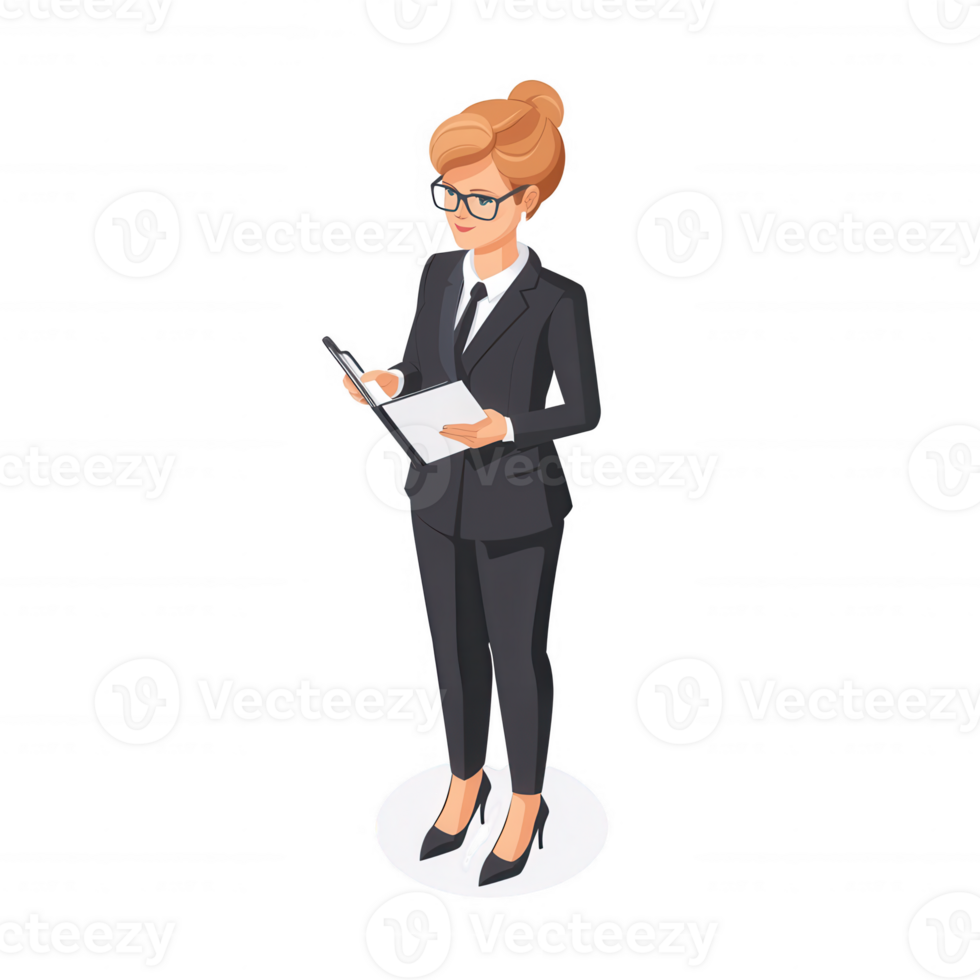 A confident businesswoman in a suit, holding a notepad and pen, ready to take notes or present ideas, isolated on a white background. png