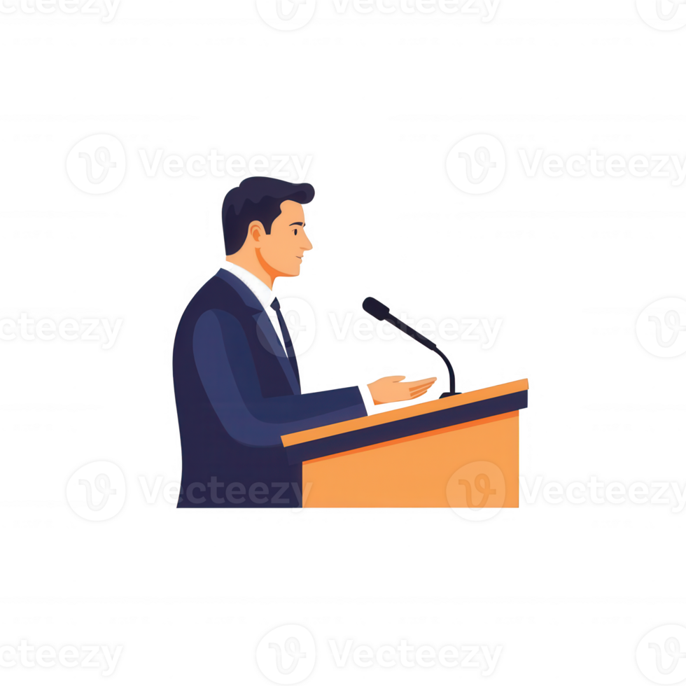 A confident speaker delivering an engaging presentation at a podium, showcasing effective communication skills and leadership qualities. png