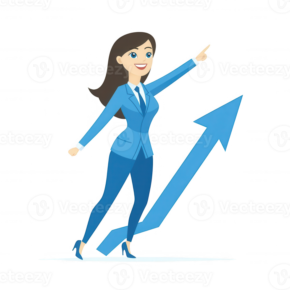A confident businesswoman in a blue suit points upward, symbolizing success and growth with an arrow in the background, conveying motivation and progress in the corporate world. png