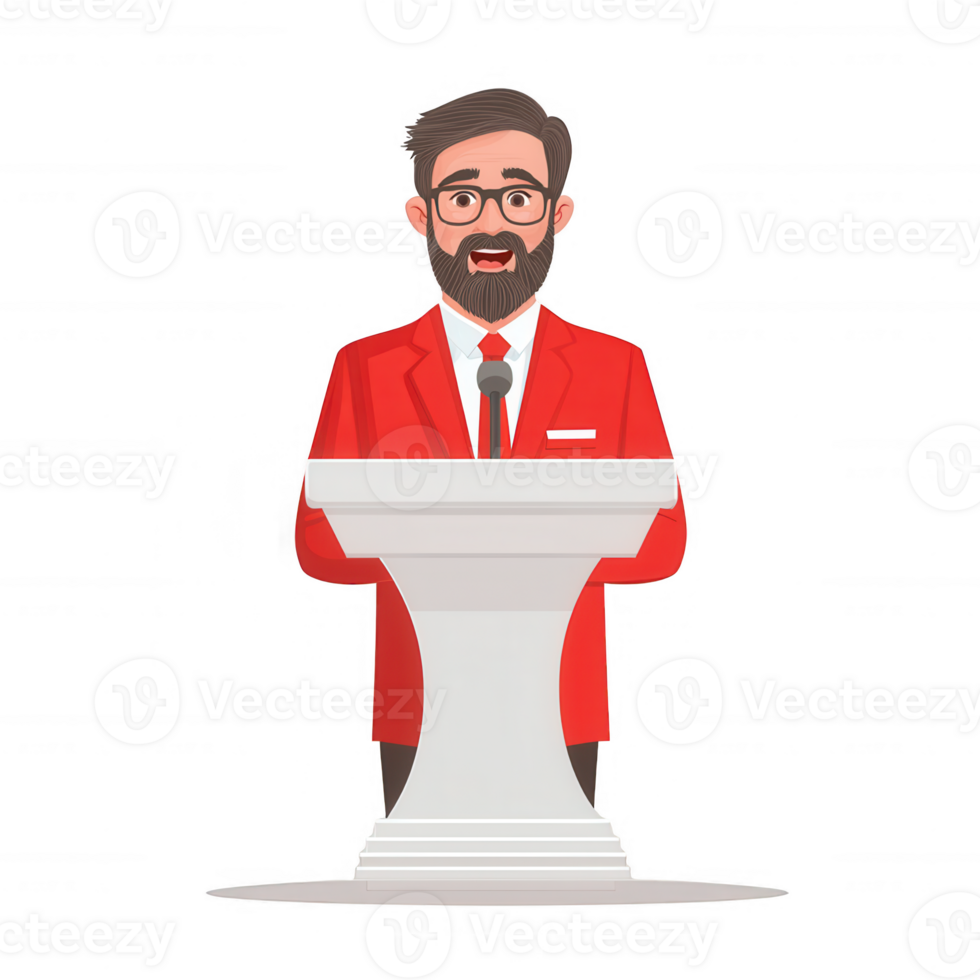 A confident speaker in a red suit standing at a podium, delivering an engaging presentation. Ideal for use in business and communication-related projects. png