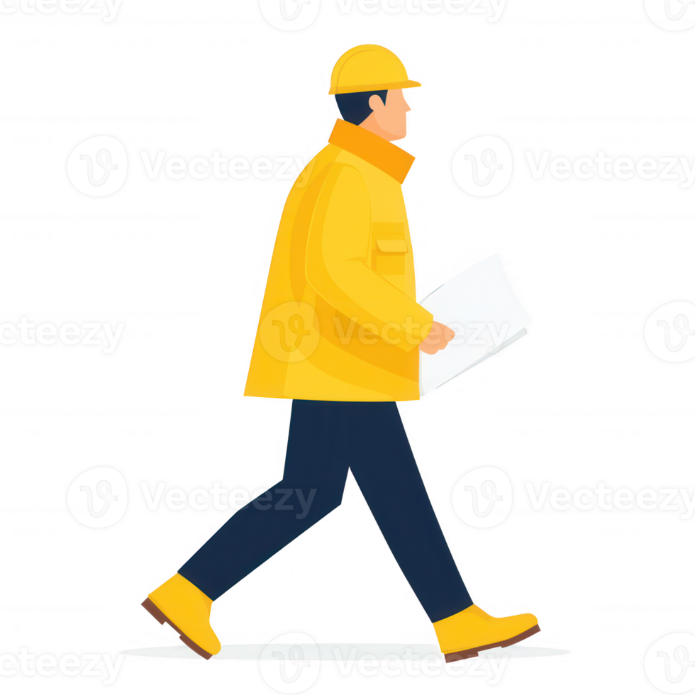 A construction worker in a bright yellow jacket and helmet walks confidently, holding architectural plans, showcasing professionalism and dedication in a modern work environment. png