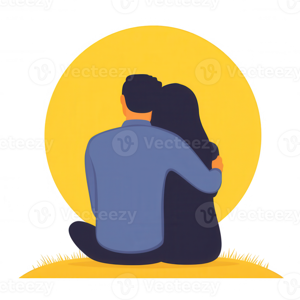 A couple embraces, enjoying a heartfelt moment together. The scene is set against a warm, circular backdrop, symbolizing love and connection. png
