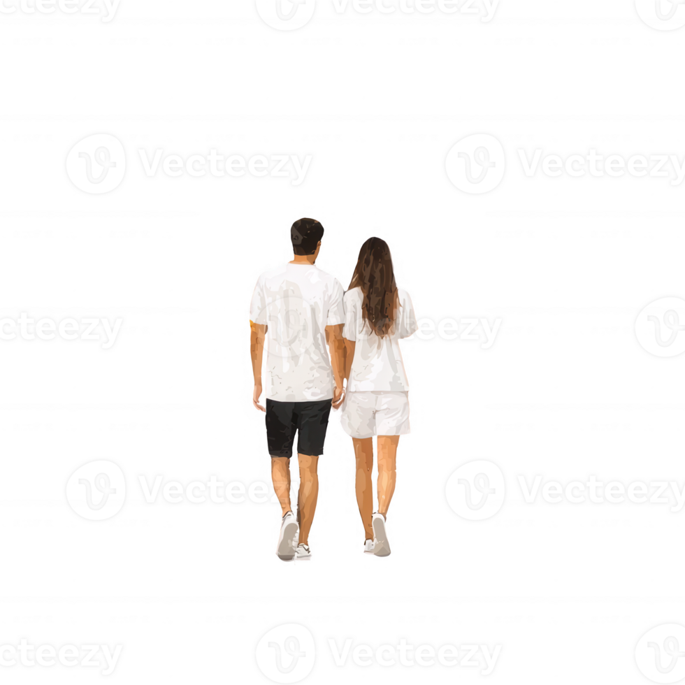 A couple walking hand-in-hand, showcasing love and companionship. They are dressed casually, radiating joy and connection while strolling on an outdoor path. png
