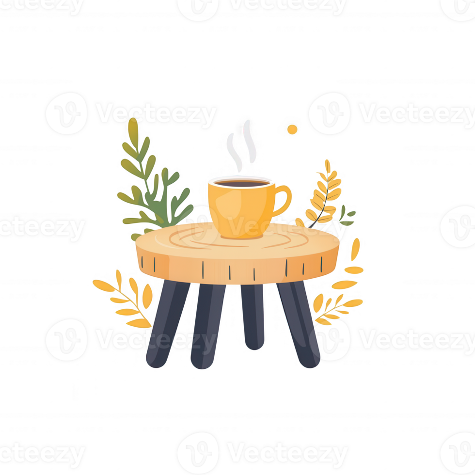 A cozy illustration featuring a wooden table with a steaming cup of coffee, surrounded by green and golden leaves, creating a warm and inviting atmosphere. png