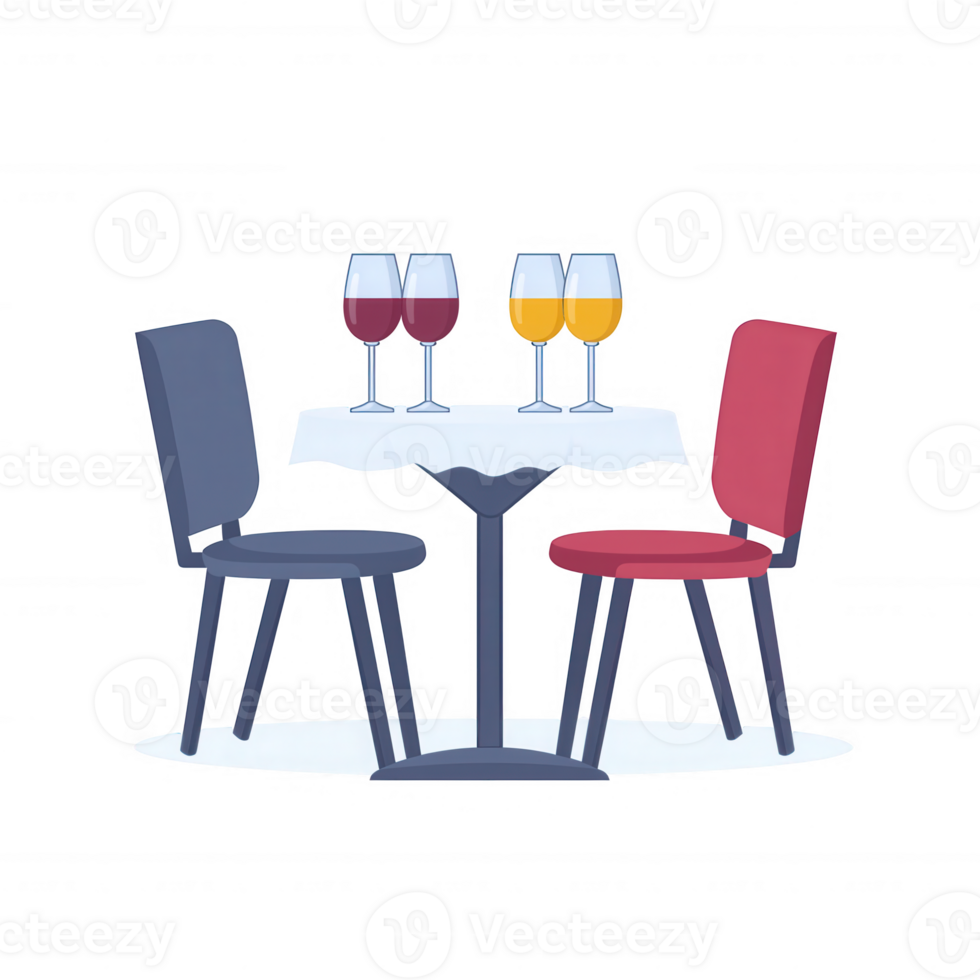 A cozy dining setup featuring a round table with two stylish chairs, adorned with colorful drinks in elegant glasses, ideal for intimate gatherings. png