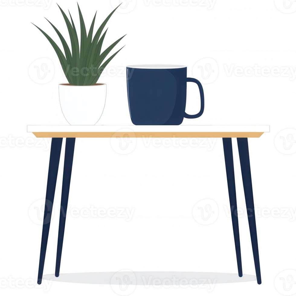 A cozy indoor scene featuring a potted plant and a coffee mug on a stylish table, perfect for creating a warm and inviting atmosphere in any home or office setting. png