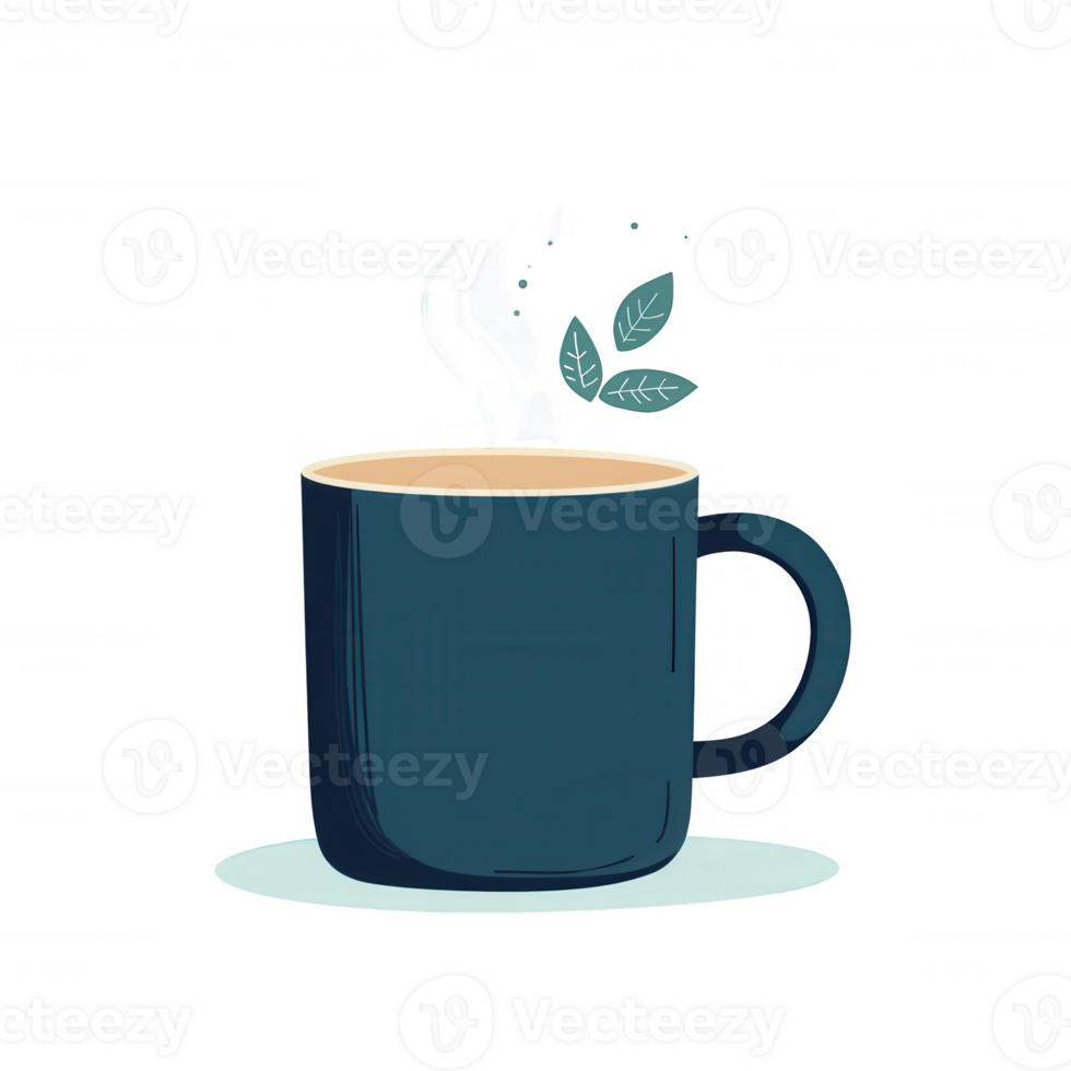 A cozy steaming cup of tea with fresh leaves above, ready to enjoy. Perfect for tea lovers and relaxation moments. png