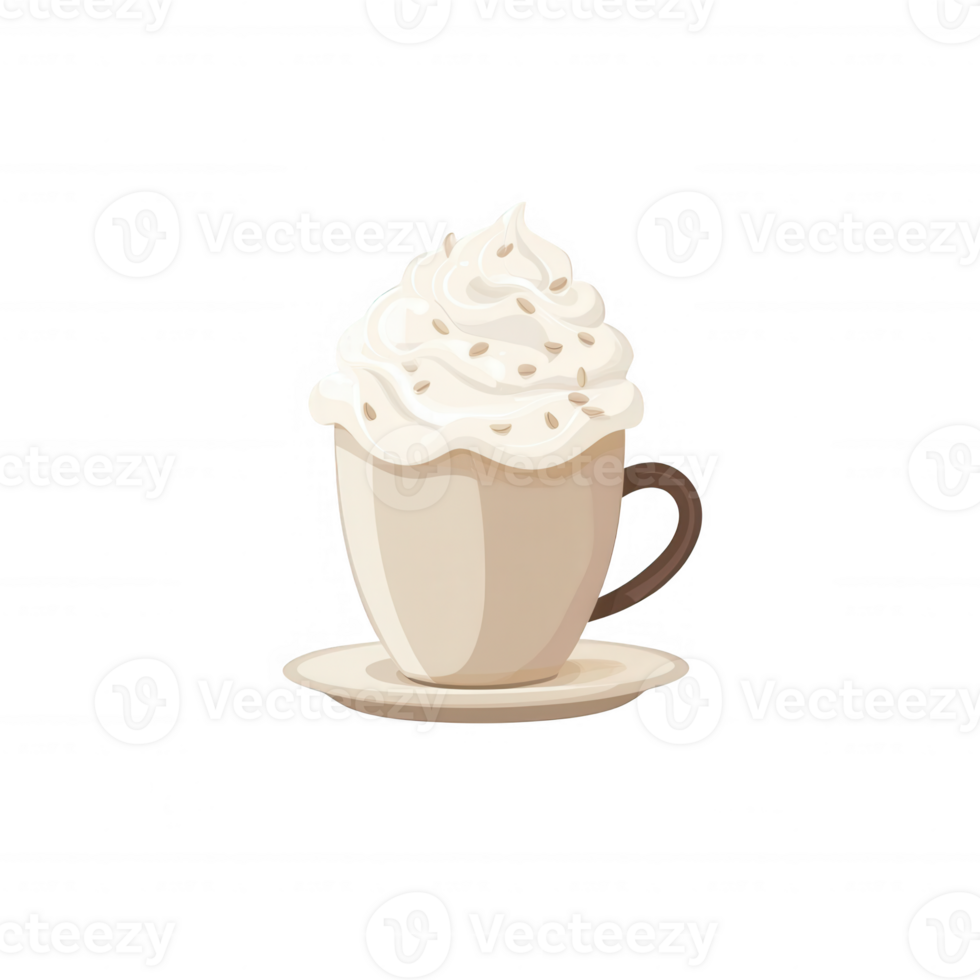 A creamy cup of hot beverage topped with whipped cream, exuding warmth and comfort, perfect for cozy moments. Ideal for coffee lovers and dessert enthusiasts. png