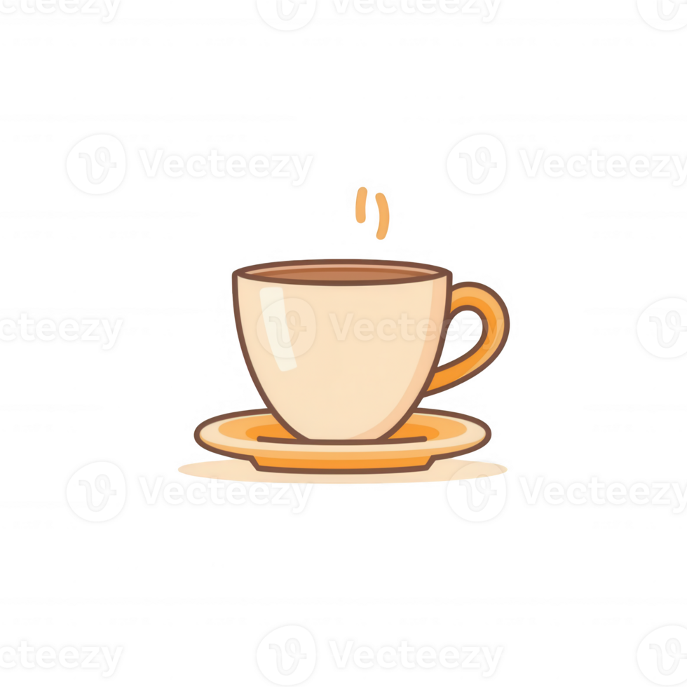 A cute cartoon coffee cup with a saucer and a steaming coffee, perfect for representing beverages in a cheerful design, isolated on a white background. png