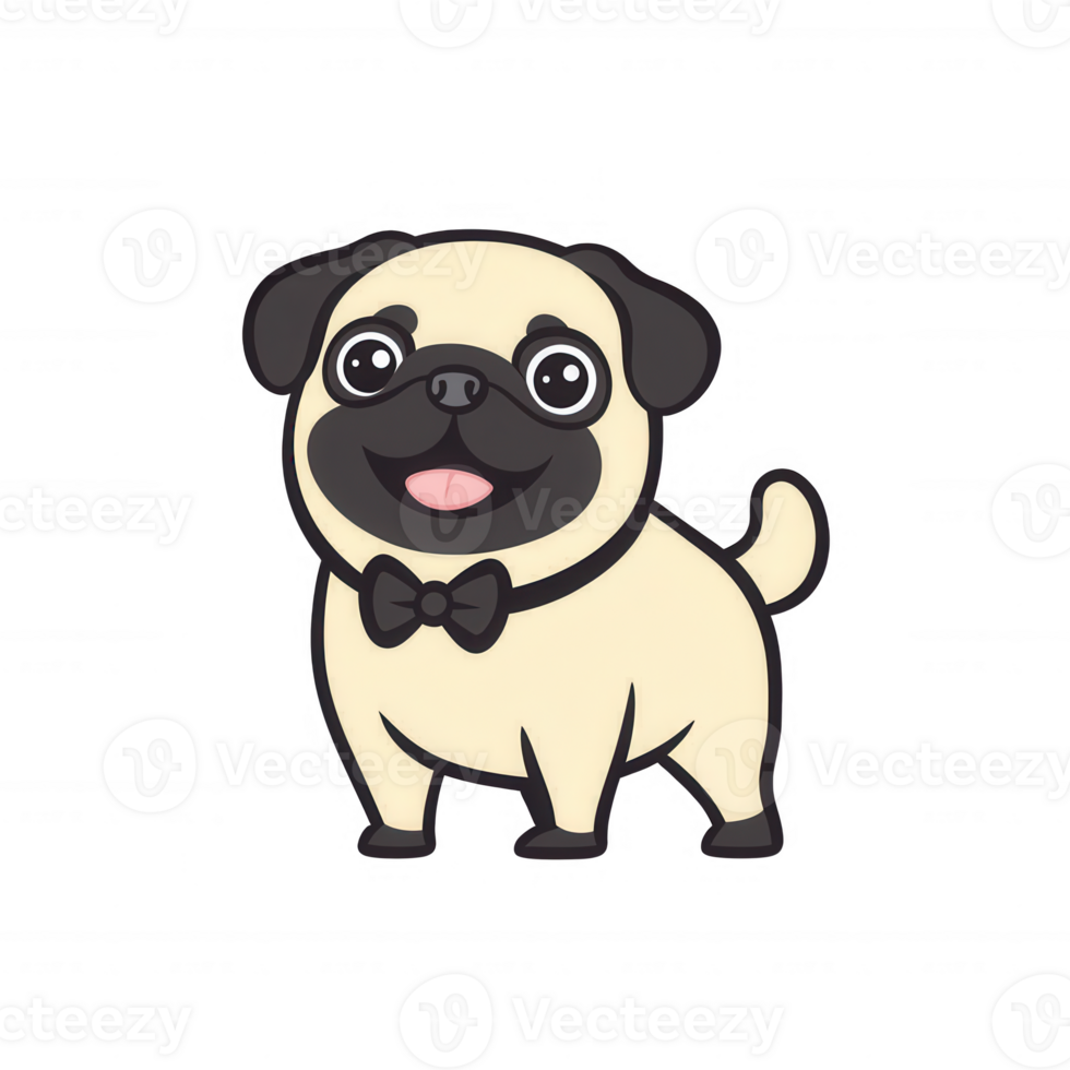 A cute cartoon pug dog wearing a bow tie, with a joyful expression, on a white isolated background. png