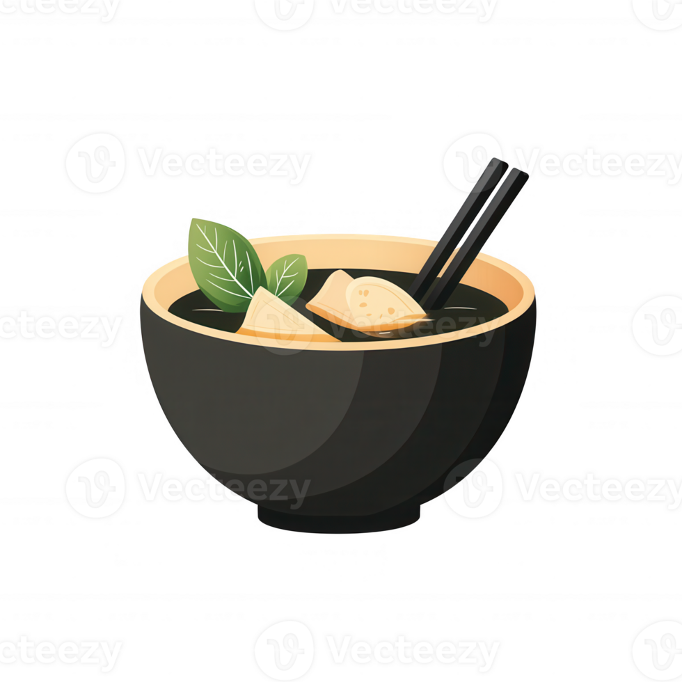 A delicious bowl of black soup garnished with herbs and tofu, accompanied by chopsticks. Perfect for illustrating Asian cuisine or healthy eating. png