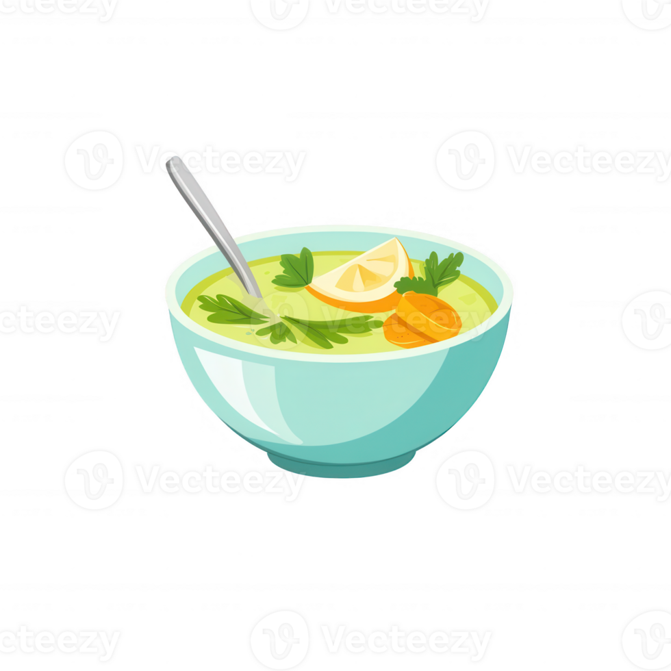 A delicious bowl of soup with fresh herbs, lemon slices, and carrots, perfect for a cozy meal. The soup is served in a light blue bowl, accompanied by a stainless steel spoon. png