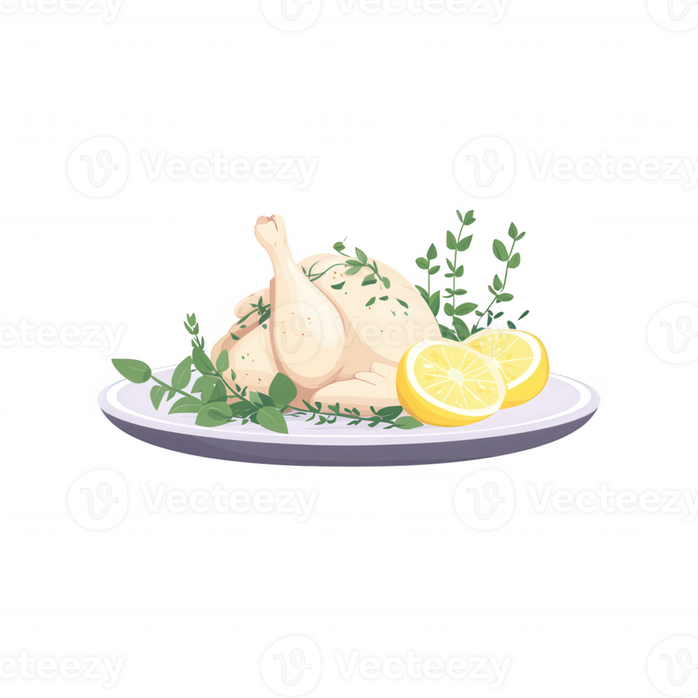 A delicious roasted chicken served on a plate with fresh herbs and lemon slices, perfect for a festive meal or family gathering, isolated on a white background. png