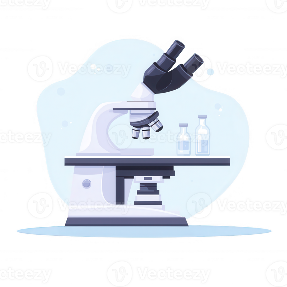 A detailed illustration of a laboratory microscope with test tubes, symbolizing scientific research and innovation, set against a soft, abstract background. png