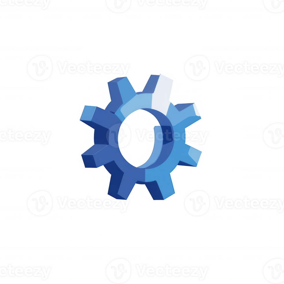 A digital illustration of a blue gear icon, representing mechanics and engineering concepts on a transparent background. png