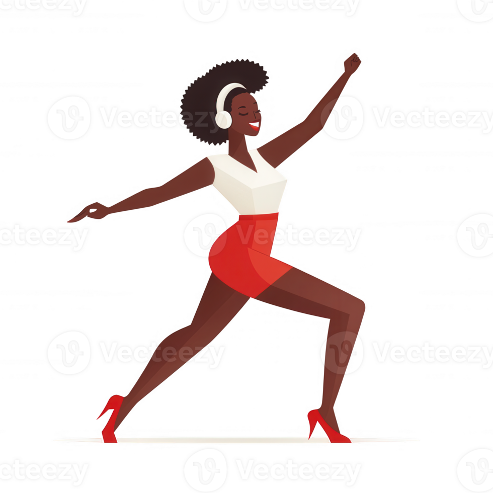A digital illustration of a joyful woman dancing with headphones, showcasing movement and energy. The character is depicted in a stylish outfit against a white isolated background. png