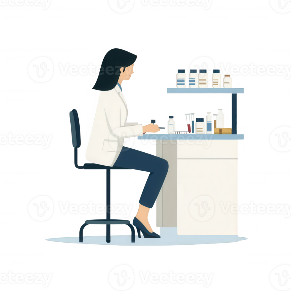 A female pharmacist performing her duties at a pharmacy counter, surrounded by medication bottles and a clean, organized workspace. png