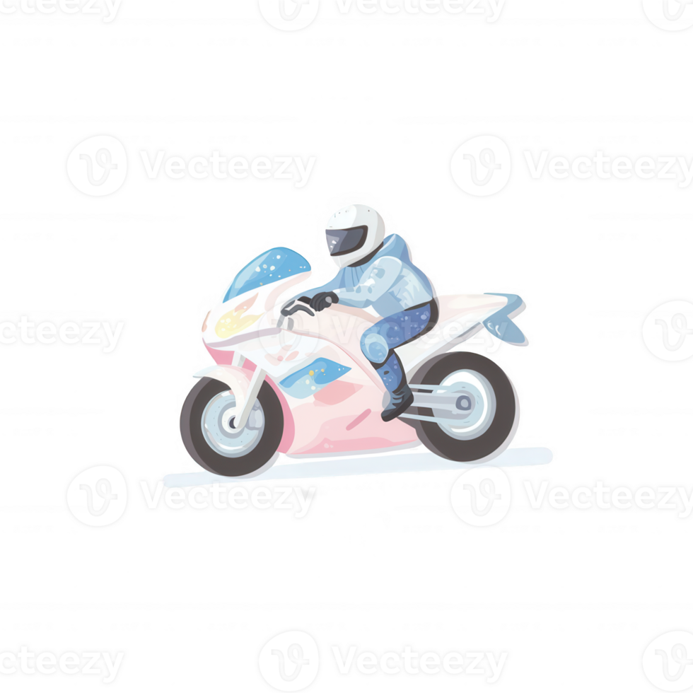A dynamic motorcycle rider in full gear, showcasing speed and excitement while racing on a sleek sports bike, illustrated against a clean white background. png
