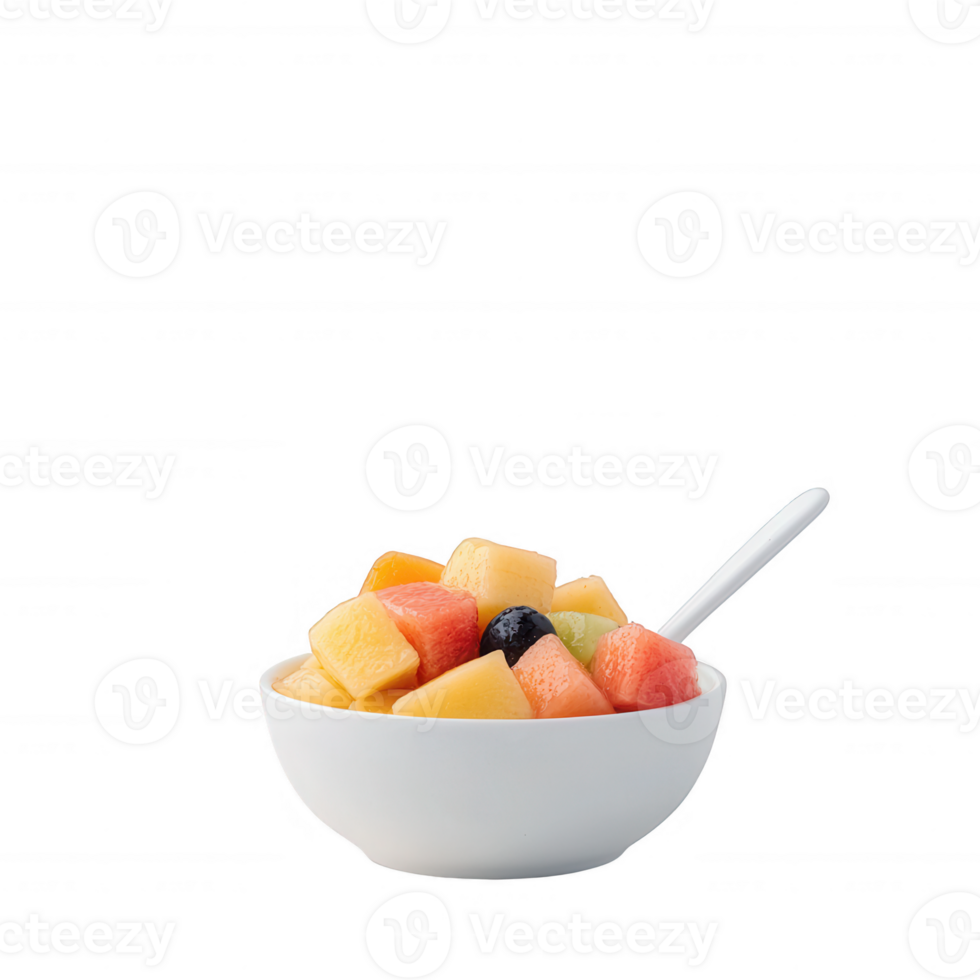 A fresh and colorful bowl of mixed fruit salad including watermelon, cantaloupe, honeydew, and blueberries, served with a simple white spoon against a white background. png