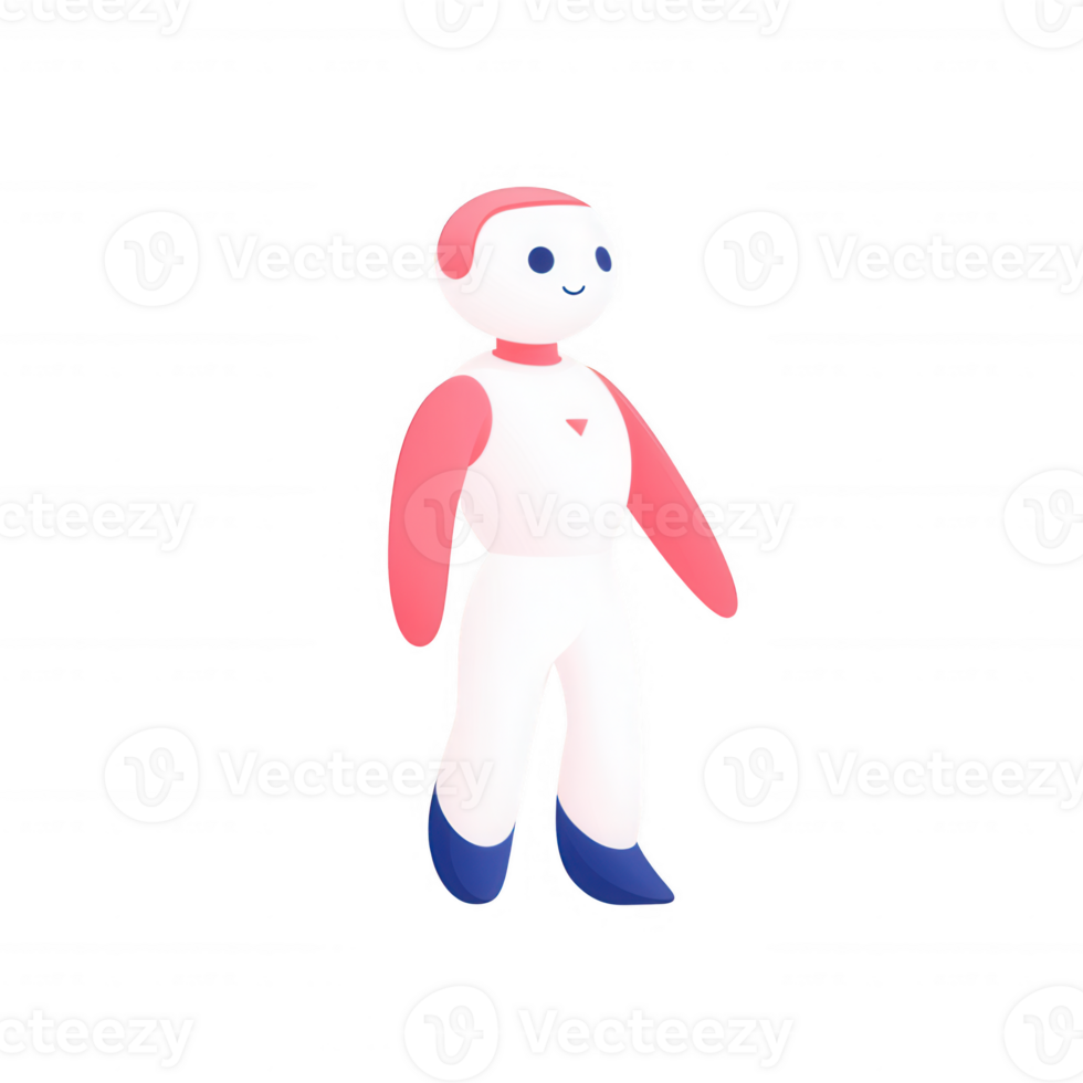A friendly, colorful robot character stands upright with a vibrant design, featuring a cheerful expression and stylized limbs, set against a white isolated background. png