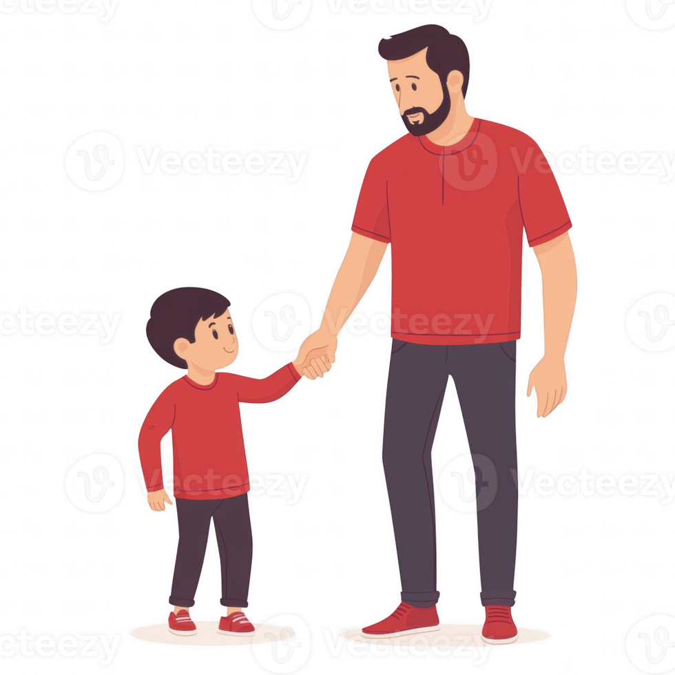 A father and son holding hands, both wearing red shirts. The illustration captures a warm and affectionate moment between them on a white isolated background. png