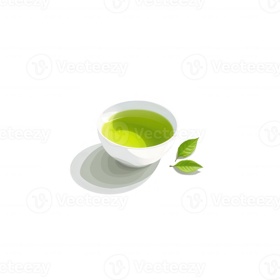 A fresh cup of green tea accompanied by green tea leaves, set against a white isolated background, showcasing the vibrant color and elegance of the beverage. png