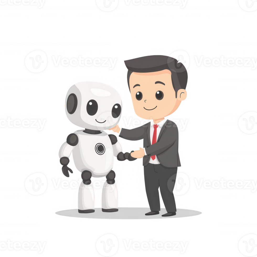 A friendly interaction between a businessman and a robot, showcasing the future of technology and collaboration. Ideal for concepts related to AI and robotics in the workplace. png