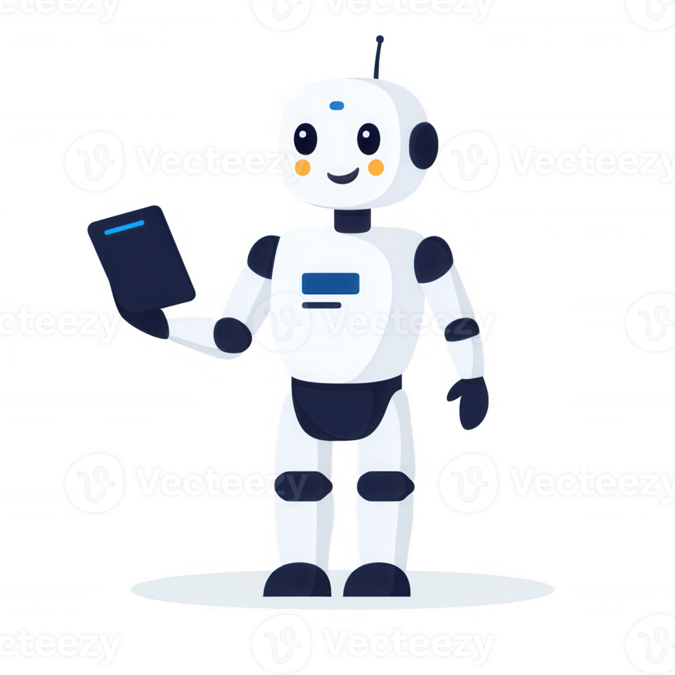 A friendly robot character holding a tablet, showcasing advanced technology with a modern design. Ideal for illustrating robotics, AI advancement, or digital innovation. png